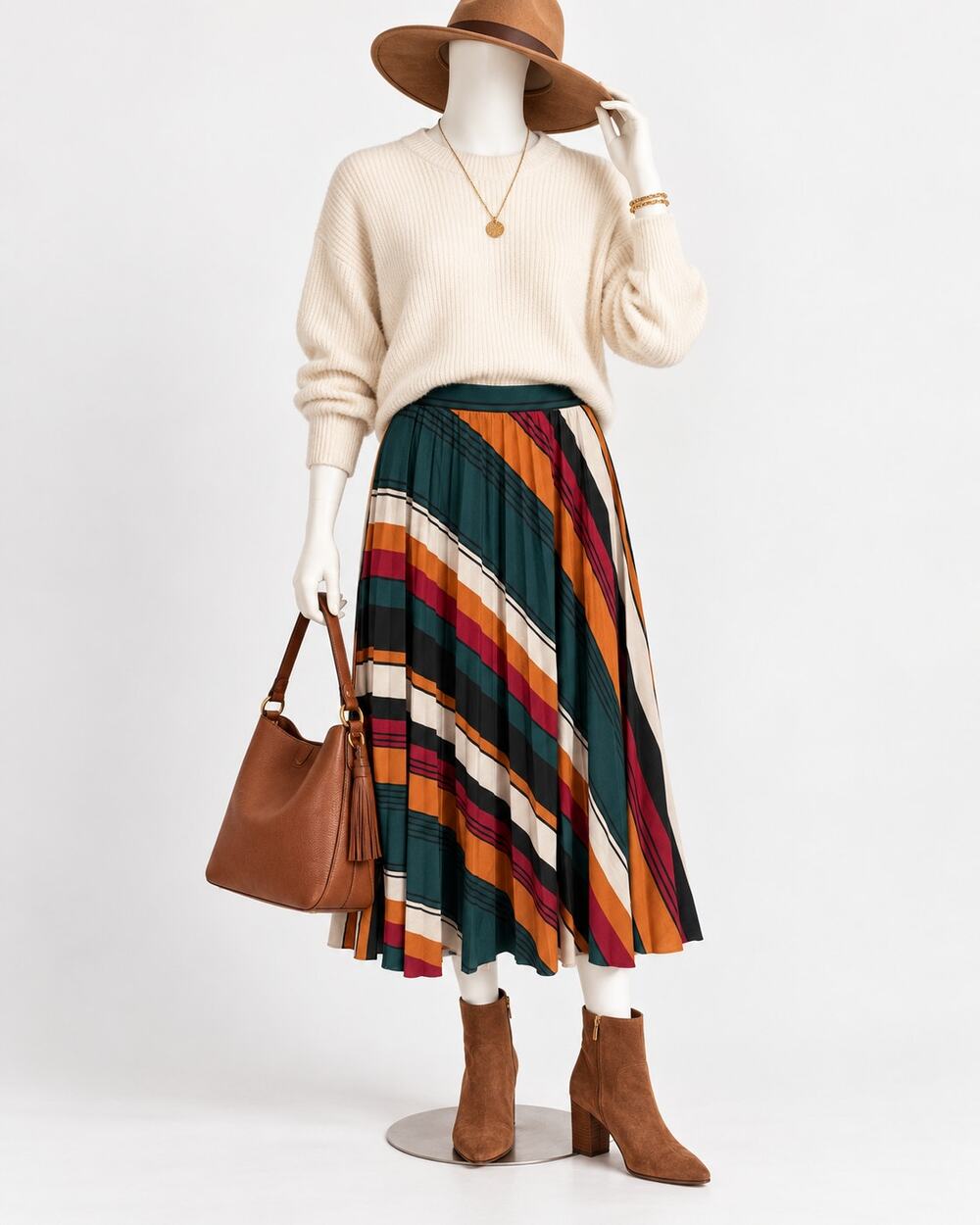 Striped Pleated Midi Skirt Jewel Tone Geometric Fall Autumn Womens Large
